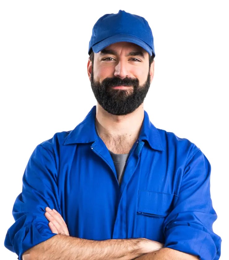 Smiling mechanic in blue uniform and cap with arms crossed.