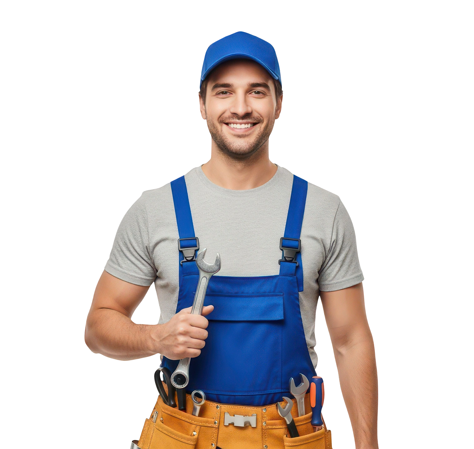 Smiling handyman in blue overalls holding a wrench, ready for repairs, with tools in belt.