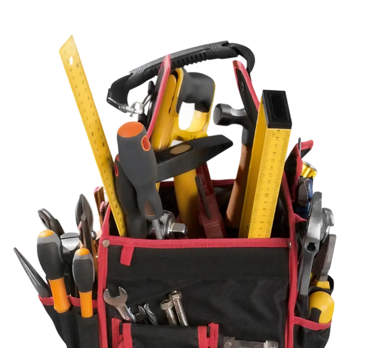 Tool bag filled with assorted hand tools and measuring equipment, ideal for DIY and professional projects.
