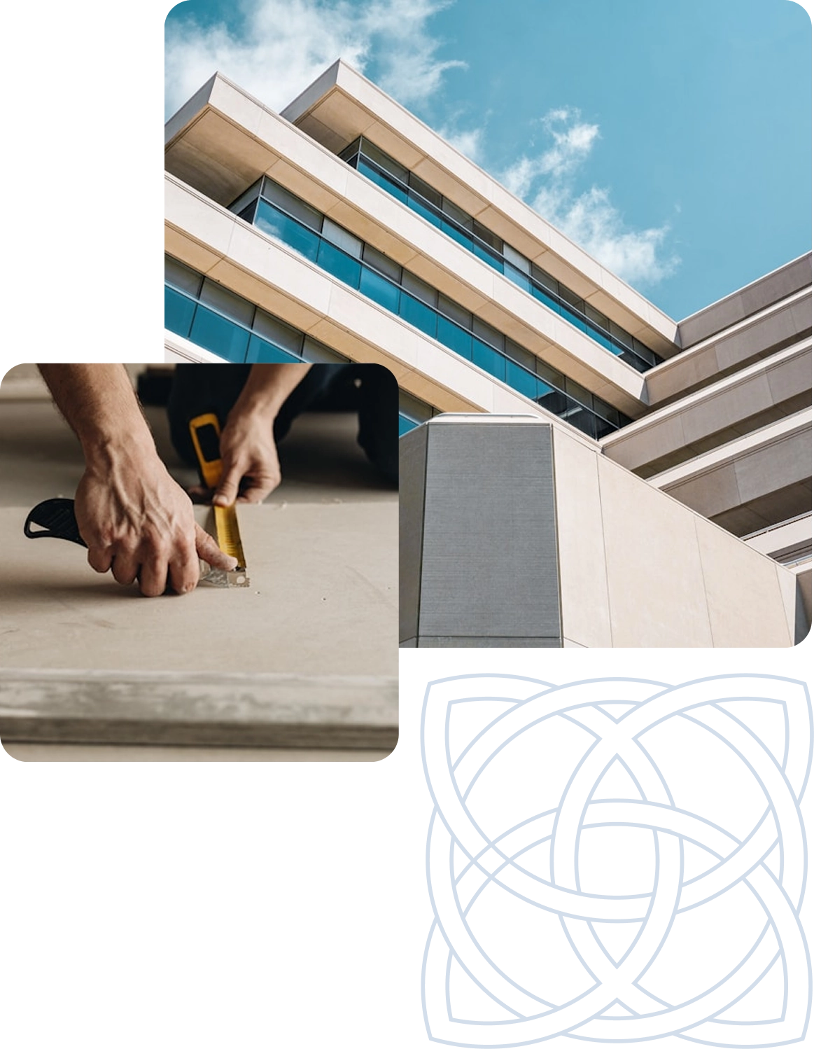 Modern building architecture, close-up of hands measuring material, and geometric design pattern on a blue grid.
