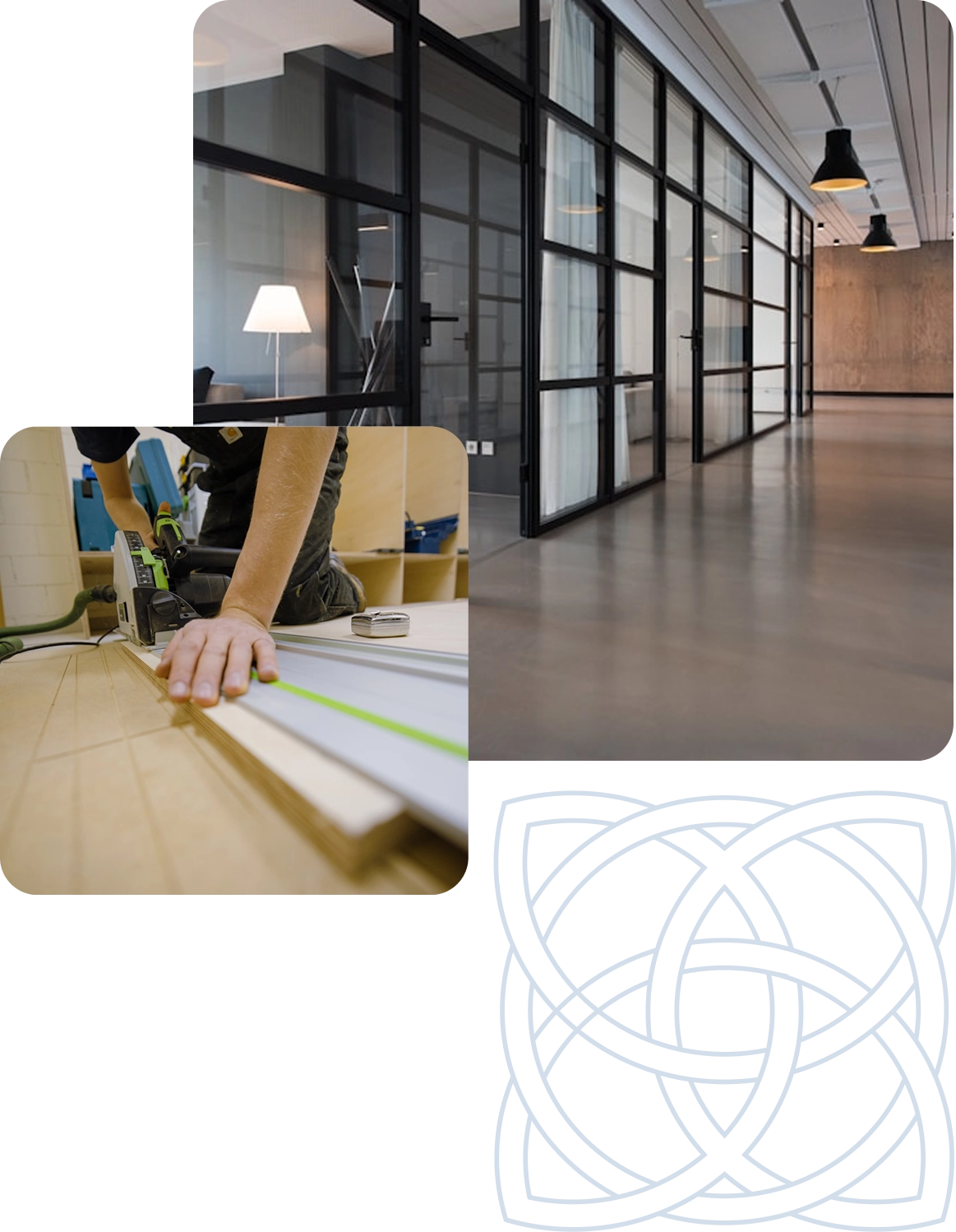 Modern office with glass partitions and overhead lights, hand using saw on wood, intricate tile design.