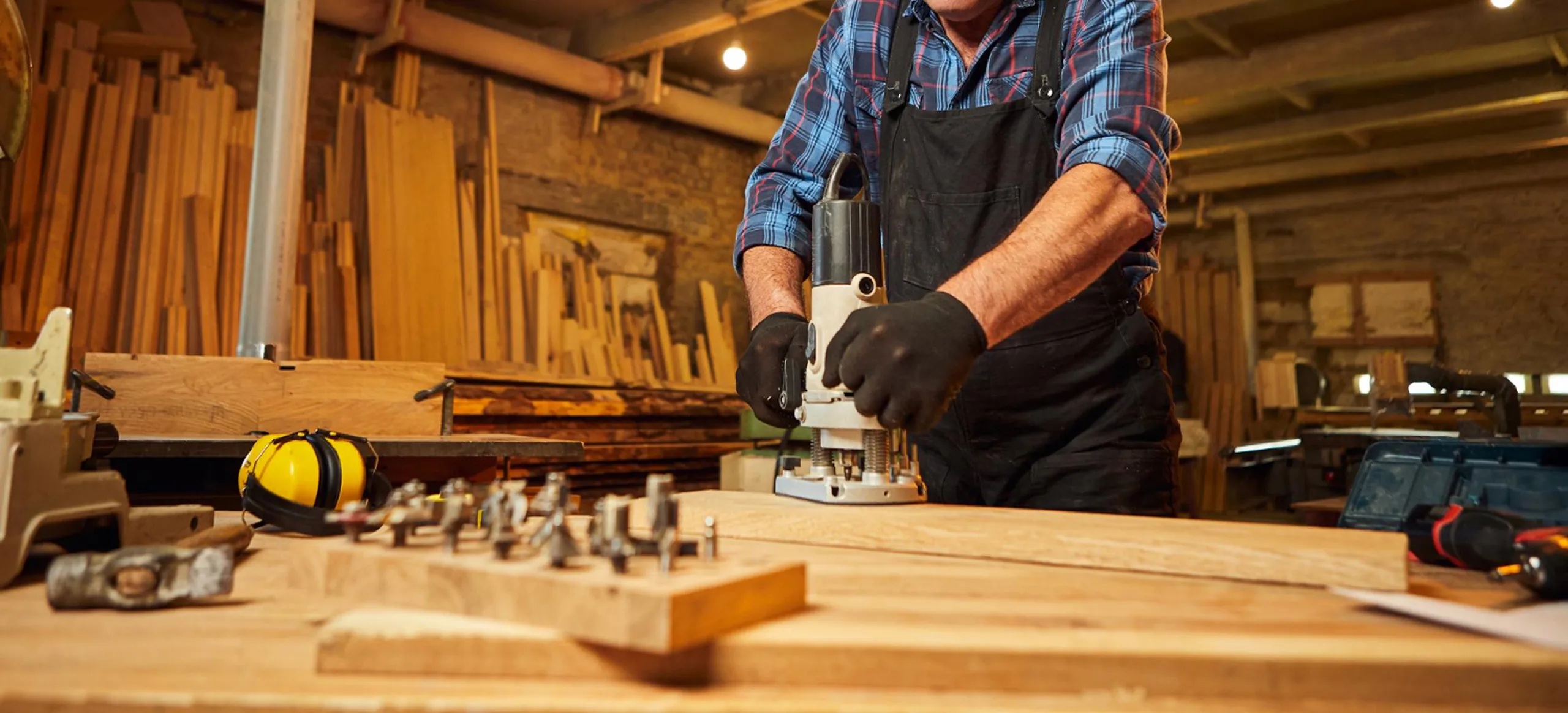 Professional carpenter using a wood router for precision woodworking in a commercial workshop