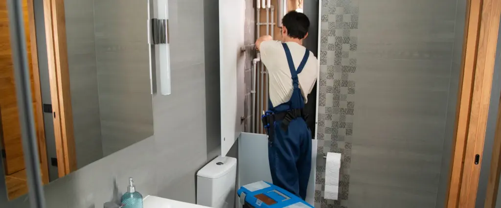 Plumber in blue overalls adjusting pipework inside a wall recess in a modern tiled bathroom