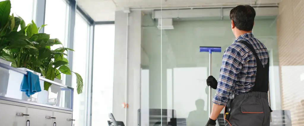 Cleaner in work overalls using a squeegee on a glass partition wall beside an empty office meeting room