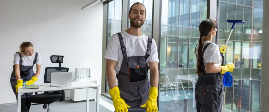 Three-person commercial cleaning team at work in an office, wiping desks and cleaning floor-to-ceiling windows